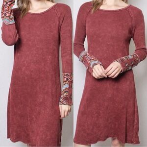 Hailey&Co Waffle Knit Washed Boho Burgundy Red Long Sleeve Mini Dress Size L